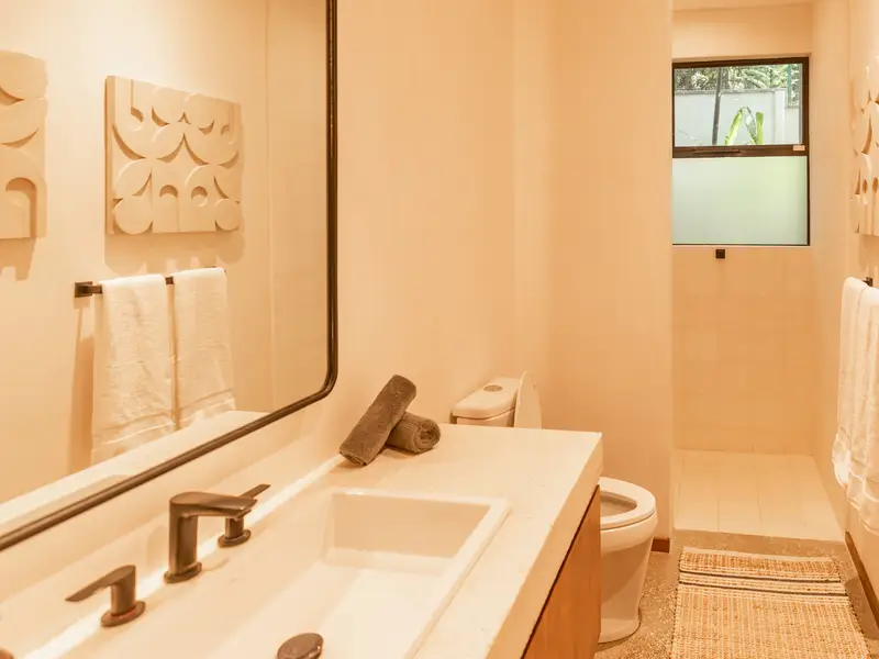 Bathroom with walk-in rain shower and garden window