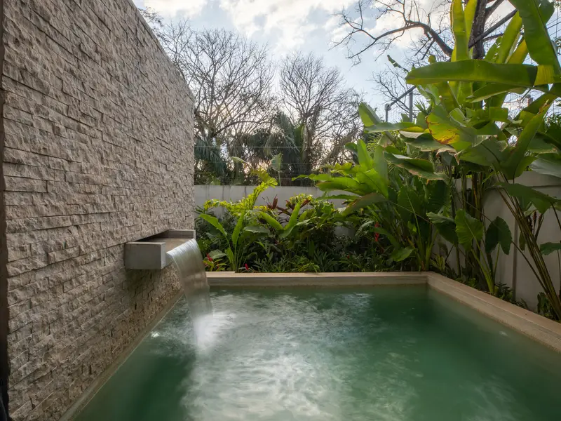 Stone waterfall feature spilling into the pool beside tropical plantings