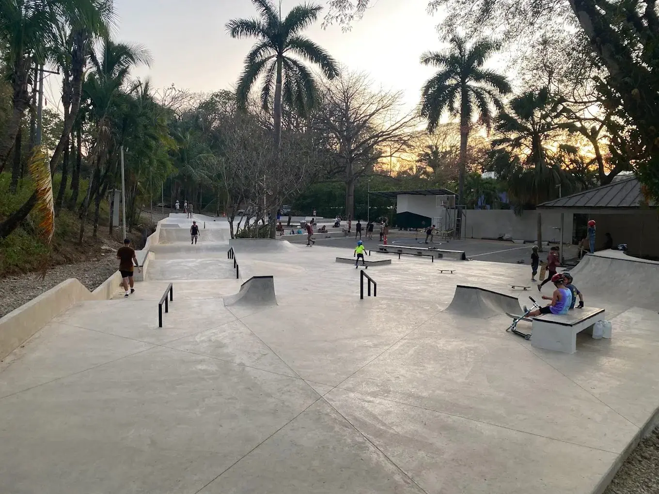 The Nosara Skatepark's bowls and rails under the palms at dusk